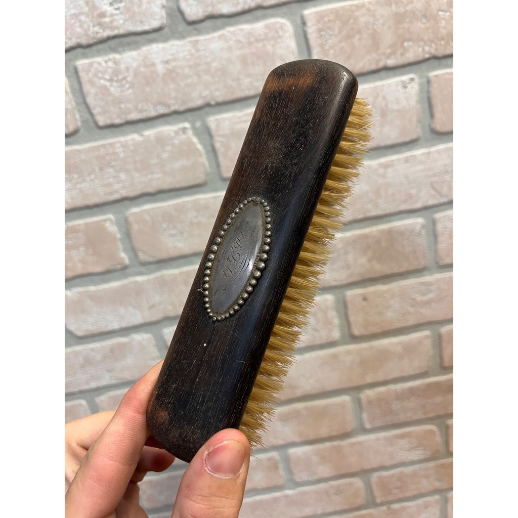 Antique Ebony Wood Handle Clothes Brush w/ Sterling Tag Monogram Victorian