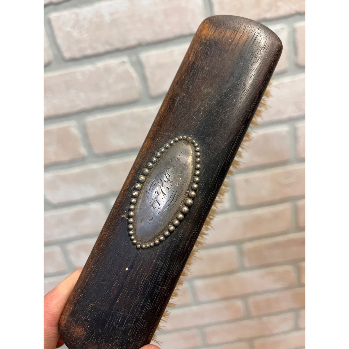 Antique Ebony Wood Handle Clothes Brush w/ Sterling Tag Monogram Victorian