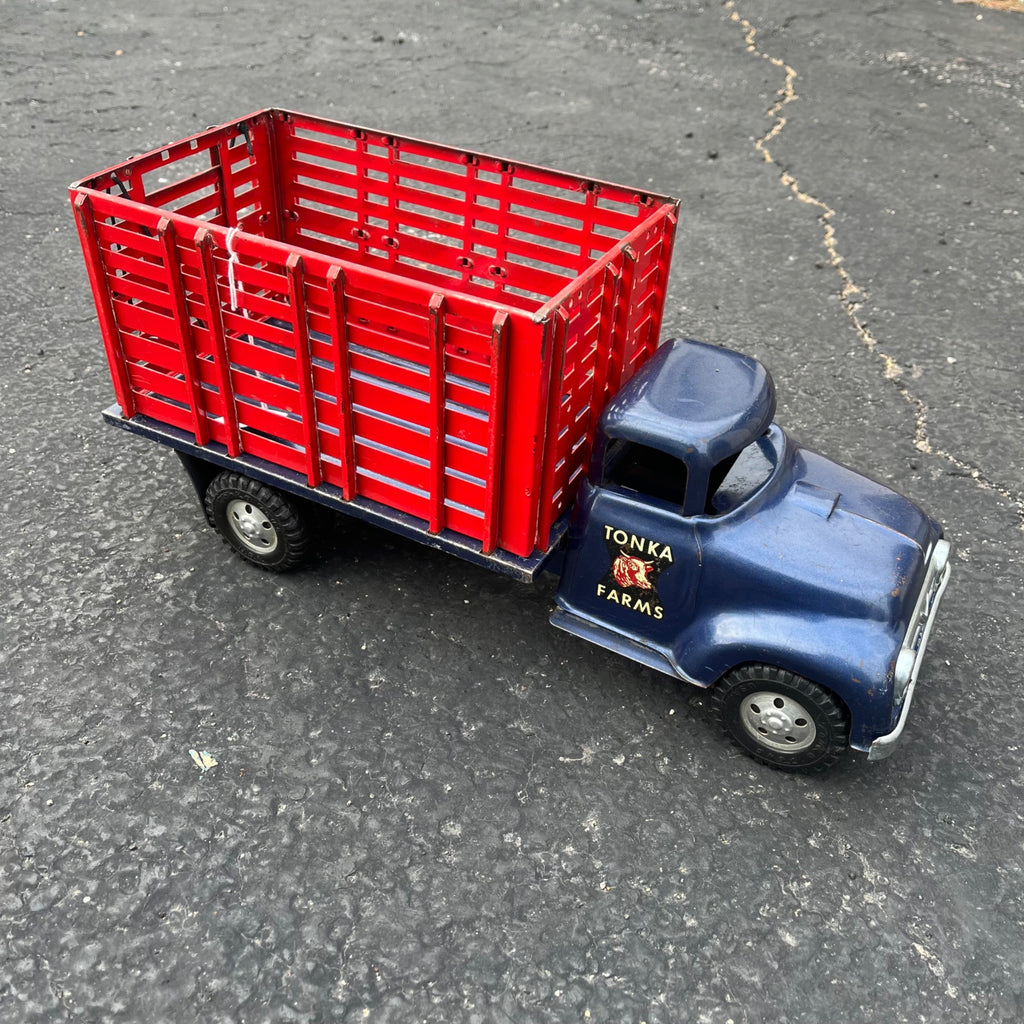 Vintage 1957 Tonka Farms Stake Bed Truck Blue/Red Pressed Steel Toy