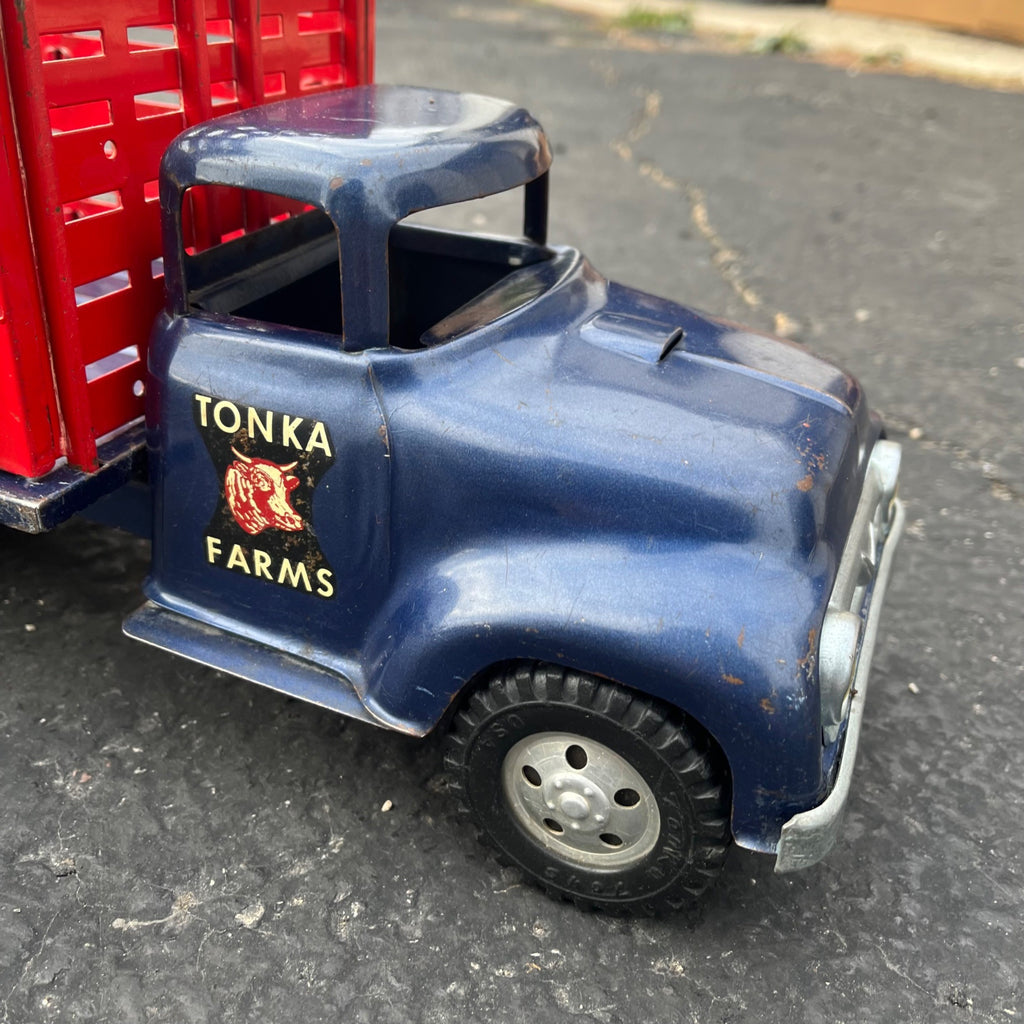 Vintage 1957 Tonka Farms Stake Bed Truck Blue/Red Pressed Steel Toy