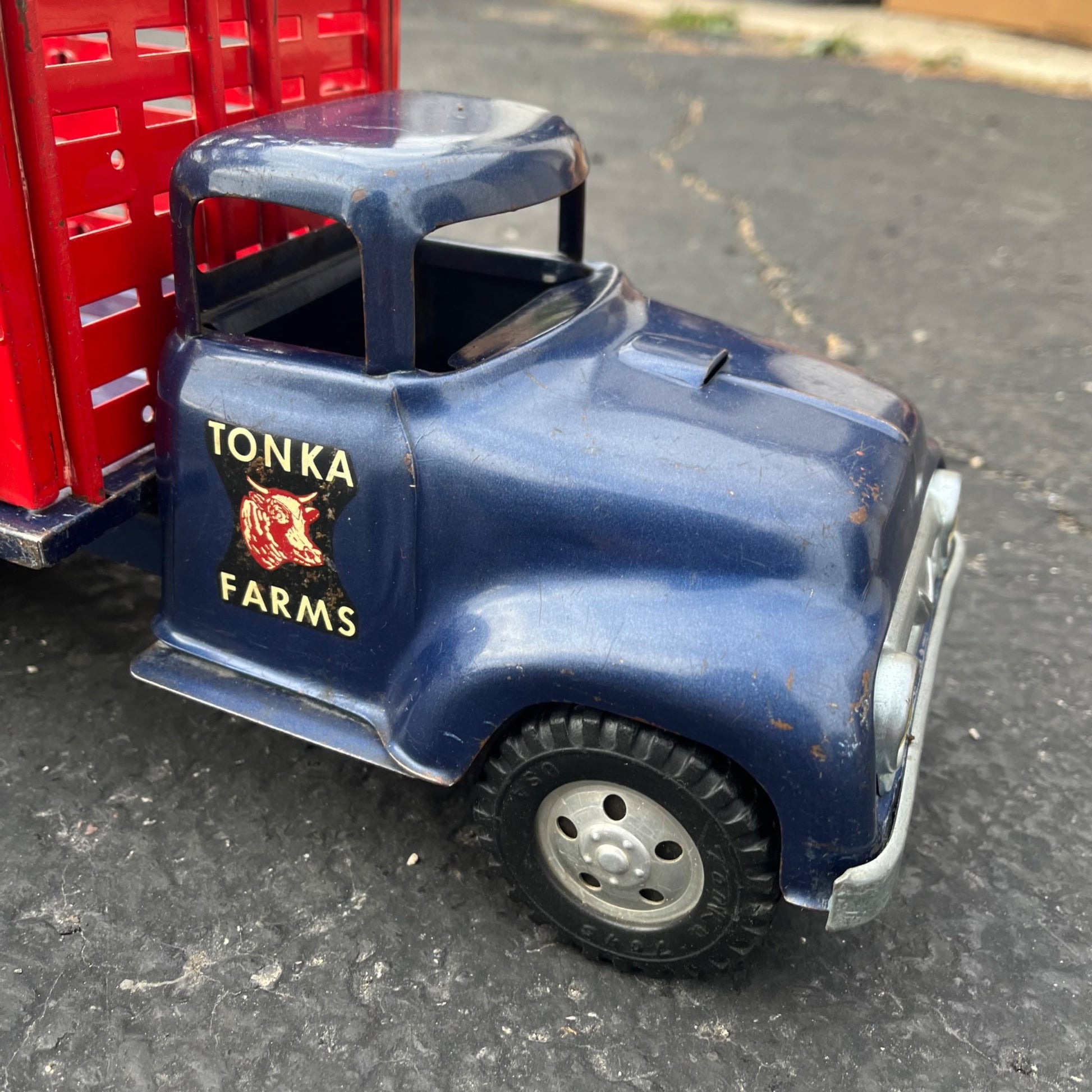 Vintage 1957 Tonka Farms Stake Bed Truck Blue/Red Pressed Steel Toy