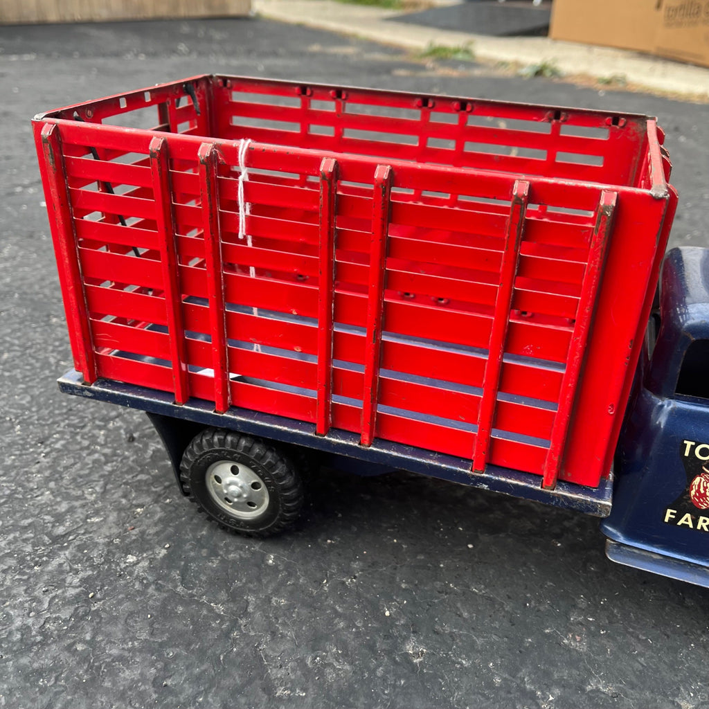 Vintage 1957 Tonka Farms Stake Bed Truck Blue/Red Pressed Steel Toy