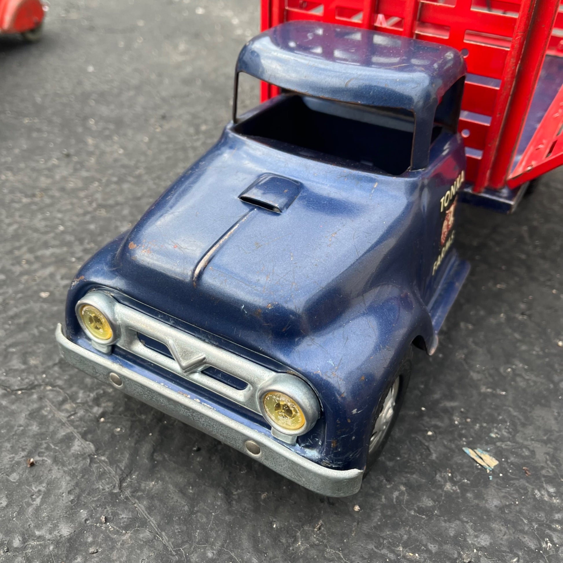 Vintage 1957 Tonka Farms Stake Bed Truck Blue/Red Pressed Steel Toy