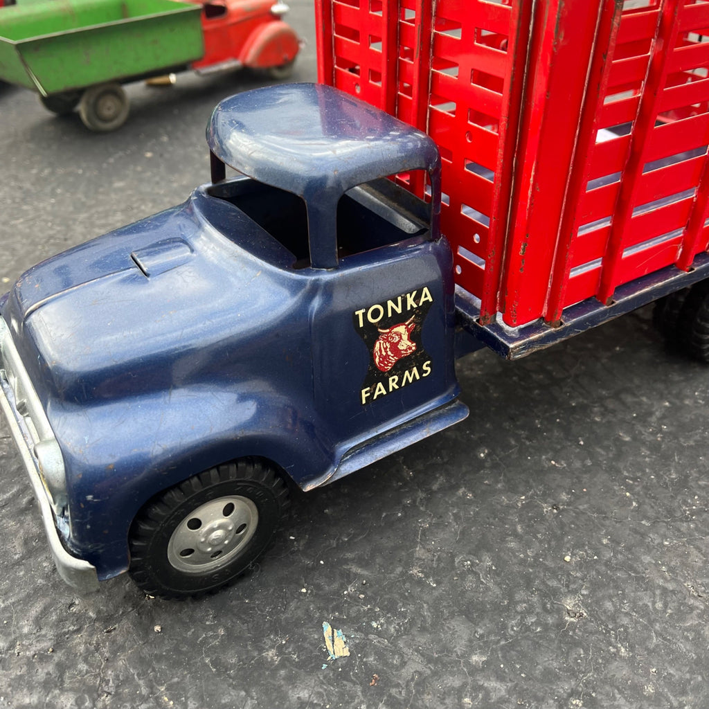 Vintage 1957 Tonka Farms Stake Bed Truck Blue/Red Pressed Steel Toy