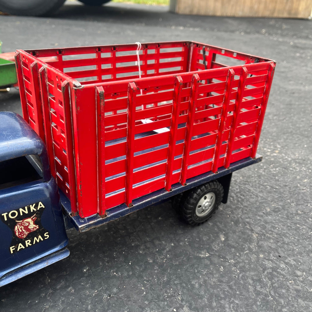Vintage 1957 Tonka Farms Stake Bed Truck Blue/Red Pressed Steel Toy