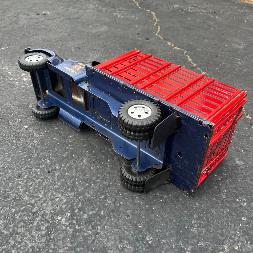 Vintage 1957 Tonka Farms Stake Bed Truck Blue/Red Pressed Steel Toy
