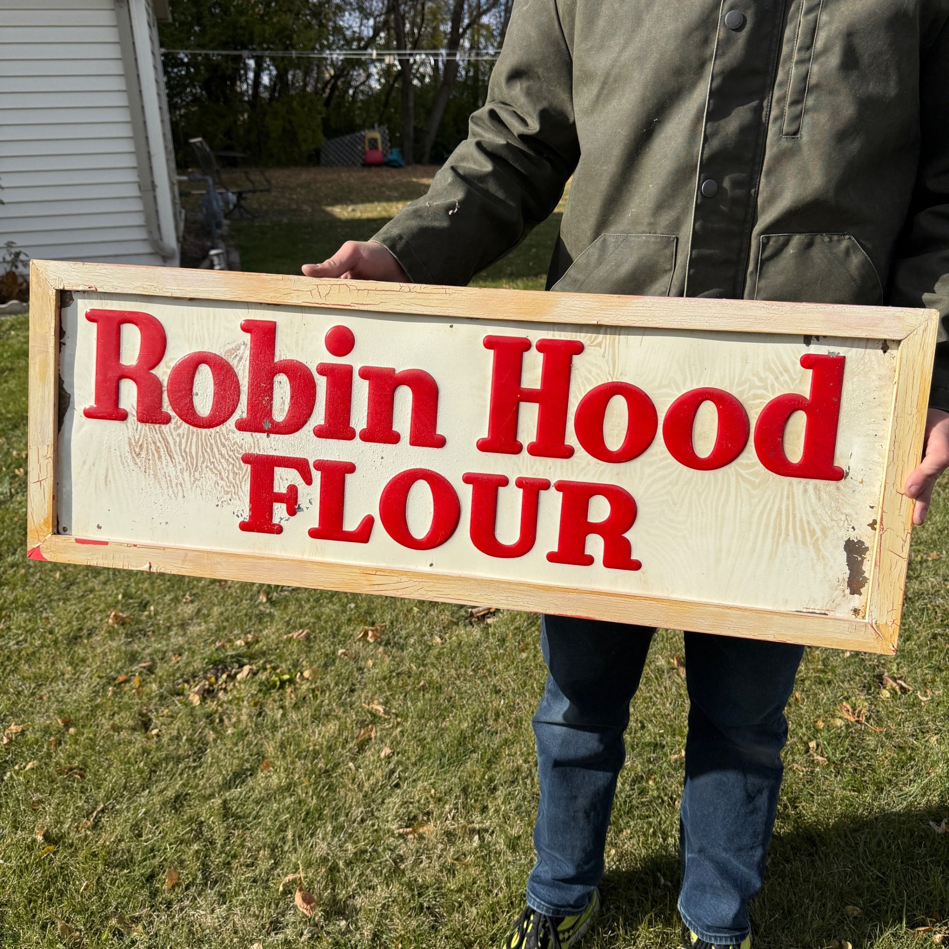 Vintage 1950s Robin Hood Flour Embossed Tin Metal Advertising Sign General Store