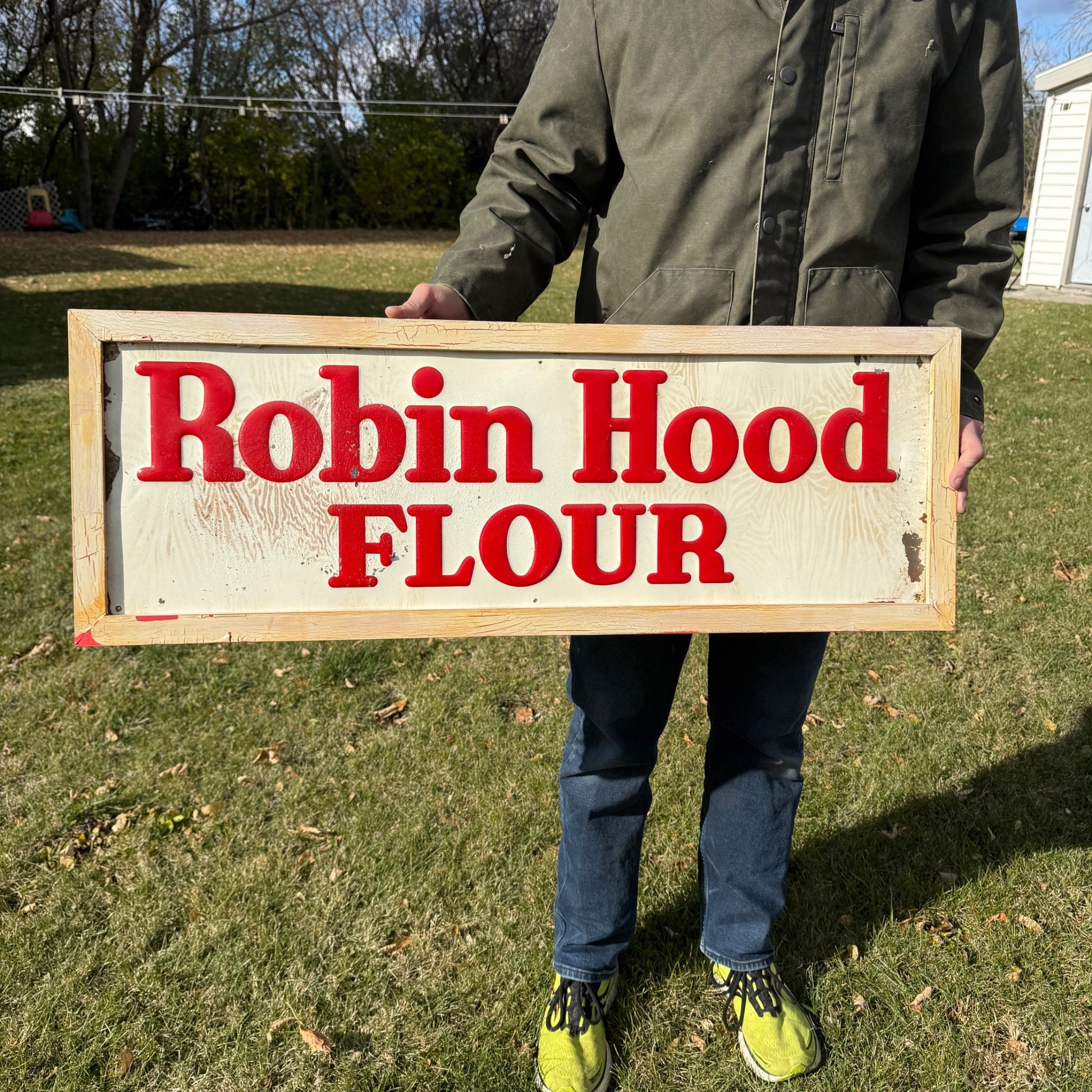 Vintage 1950s Robin Hood Flour Embossed Tin Metal Advertising Sign General Store
