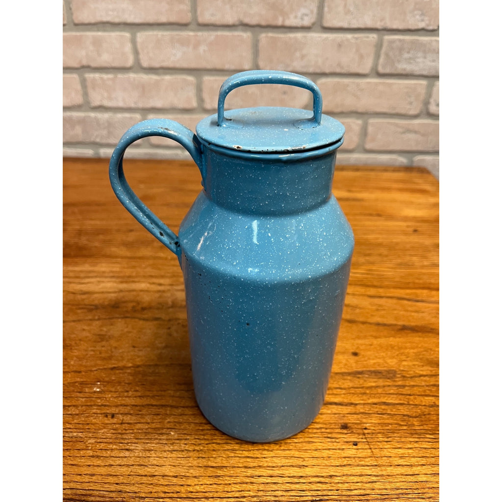 Antique Primitive Blue & White Enamelware Cream Milk Can Farmhouse Kitchen Decor