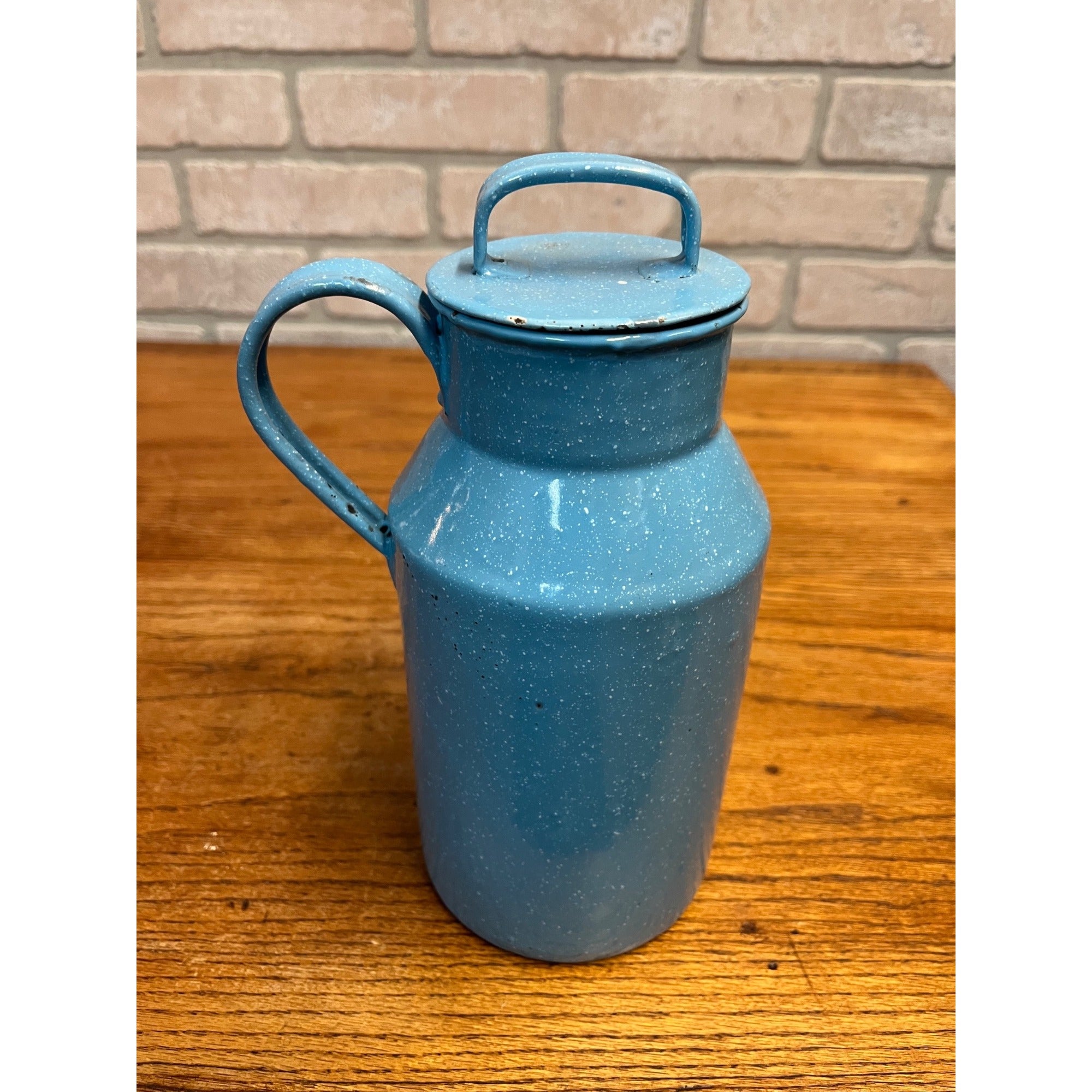 Antique Primitive Blue & White Enamelware Cream Milk Can Farmhouse Kitchen Decor
