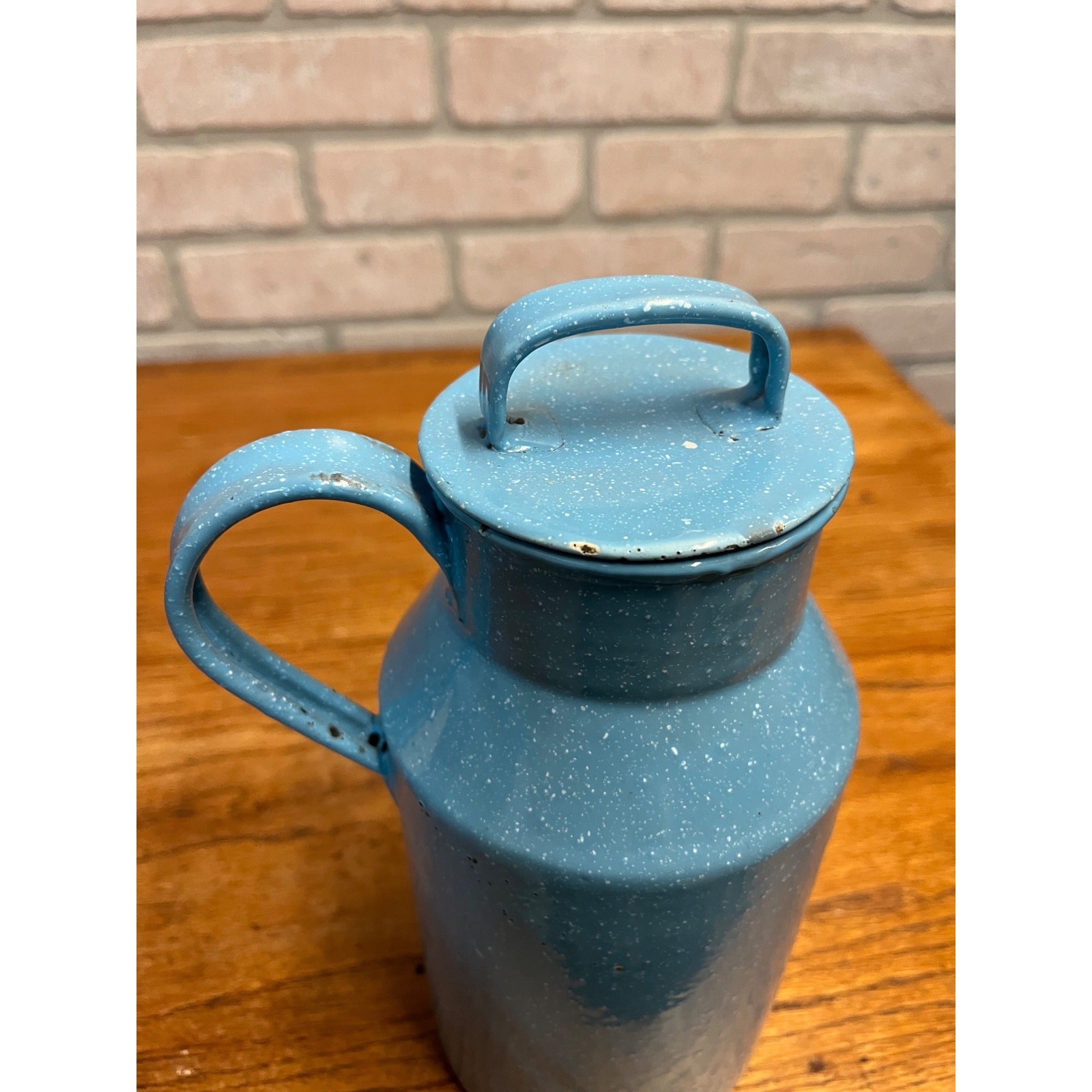 Antique Primitive Blue & White Enamelware Cream Milk Can Farmhouse Kitchen Decor