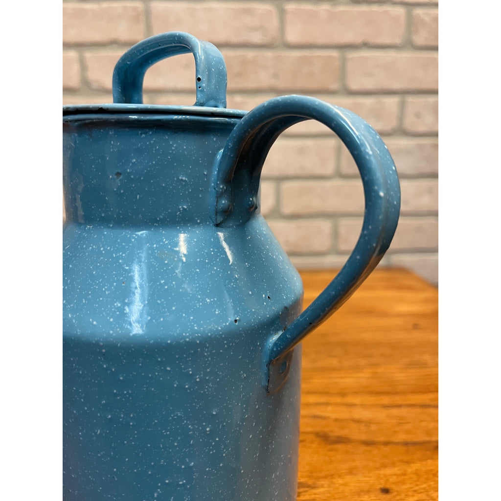 Antique Primitive Blue & White Enamelware Cream Milk Can Farmhouse Kitchen Decor