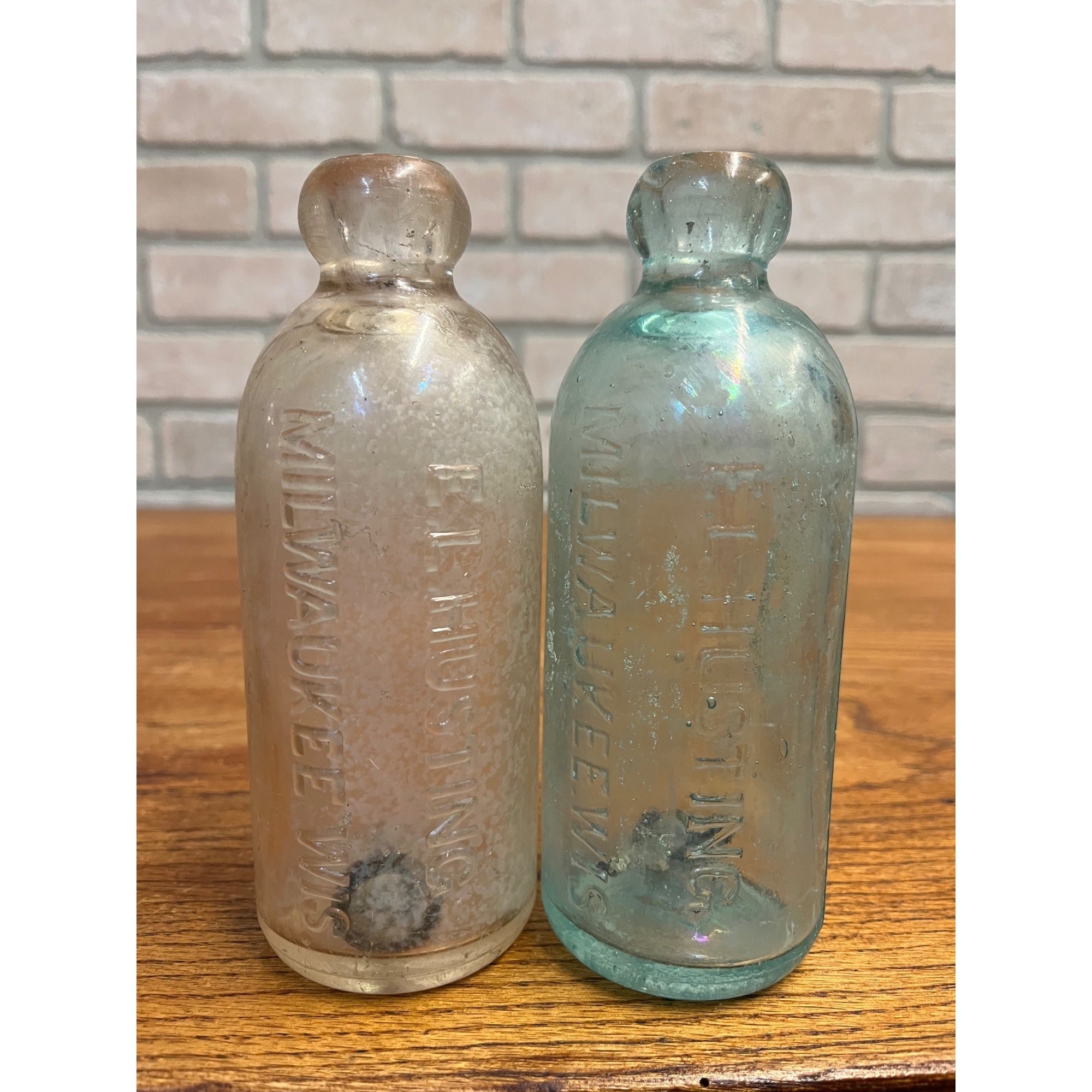 E.L. Husting Milwaukee Wisconsin Blob Top Hutchinson Soda Bottles Blue & Clear