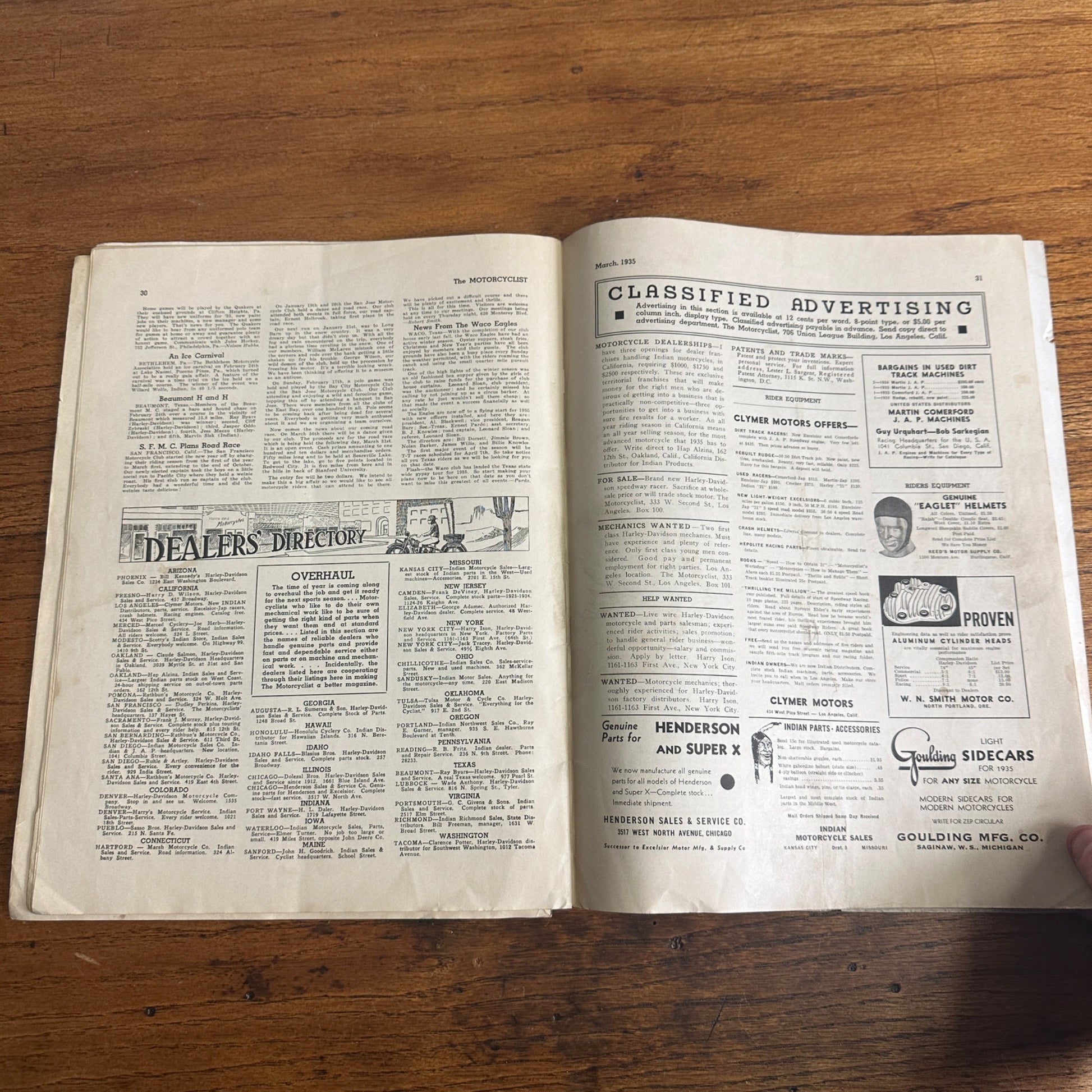 Vintage The Motorcyclist Magazine March 1935 Harley Indian Motorcycle Ads