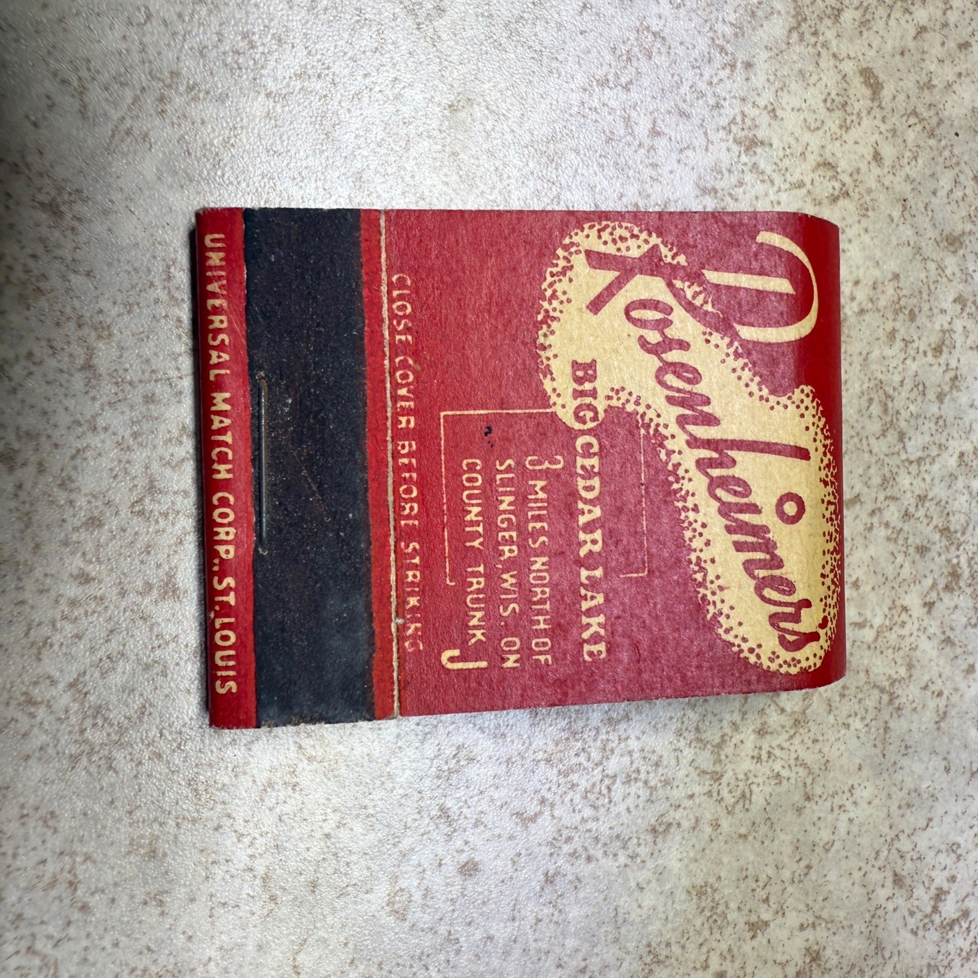 Rosenheimers Big Cedar Lake Kewaskum Wis.  Advertising Matchbook Lounge