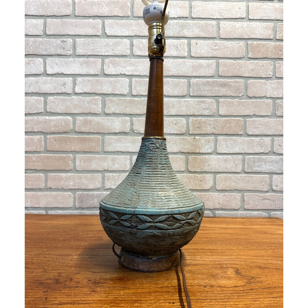 Vintage MCM Ceramic Pottery Table Lamp Blue Green Teak Wood Brutalist Retro 25"