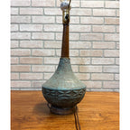 Vintage MCM Ceramic Pottery Table Lamp Blue Green Teak Wood Brutalist Retro 25"