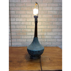 Vintage MCM Ceramic Pottery Table Lamp Blue Green Teak Wood Brutalist Retro 25"