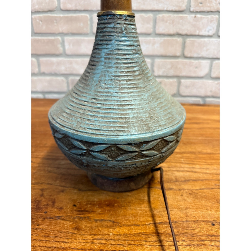 Vintage MCM Ceramic Pottery Table Lamp Blue Green Teak Wood Brutalist Retro 25"