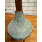 Vintage MCM Ceramic Pottery Table Lamp Blue Green Teak Wood Brutalist Retro 25"