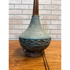 Vintage MCM Ceramic Pottery Table Lamp Blue Green Teak Wood Brutalist Retro 25"