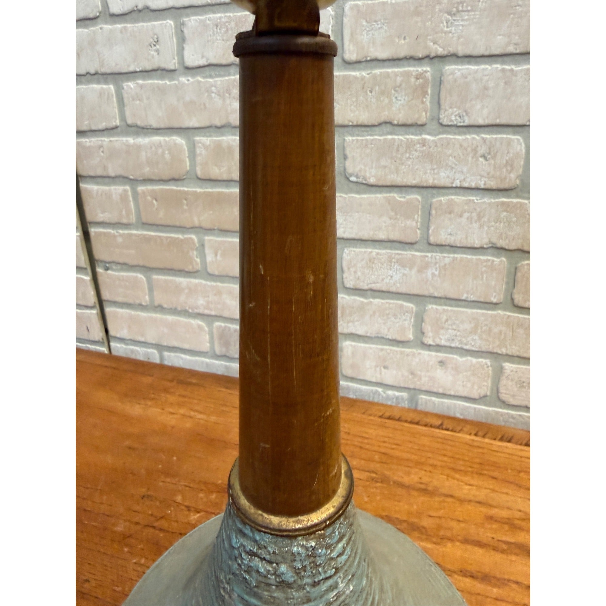 Vintage MCM Ceramic Pottery Table Lamp Blue Green Teak Wood Brutalist Retro 25"