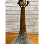 Vintage MCM Ceramic Pottery Table Lamp Blue Green Teak Wood Brutalist Retro 25"