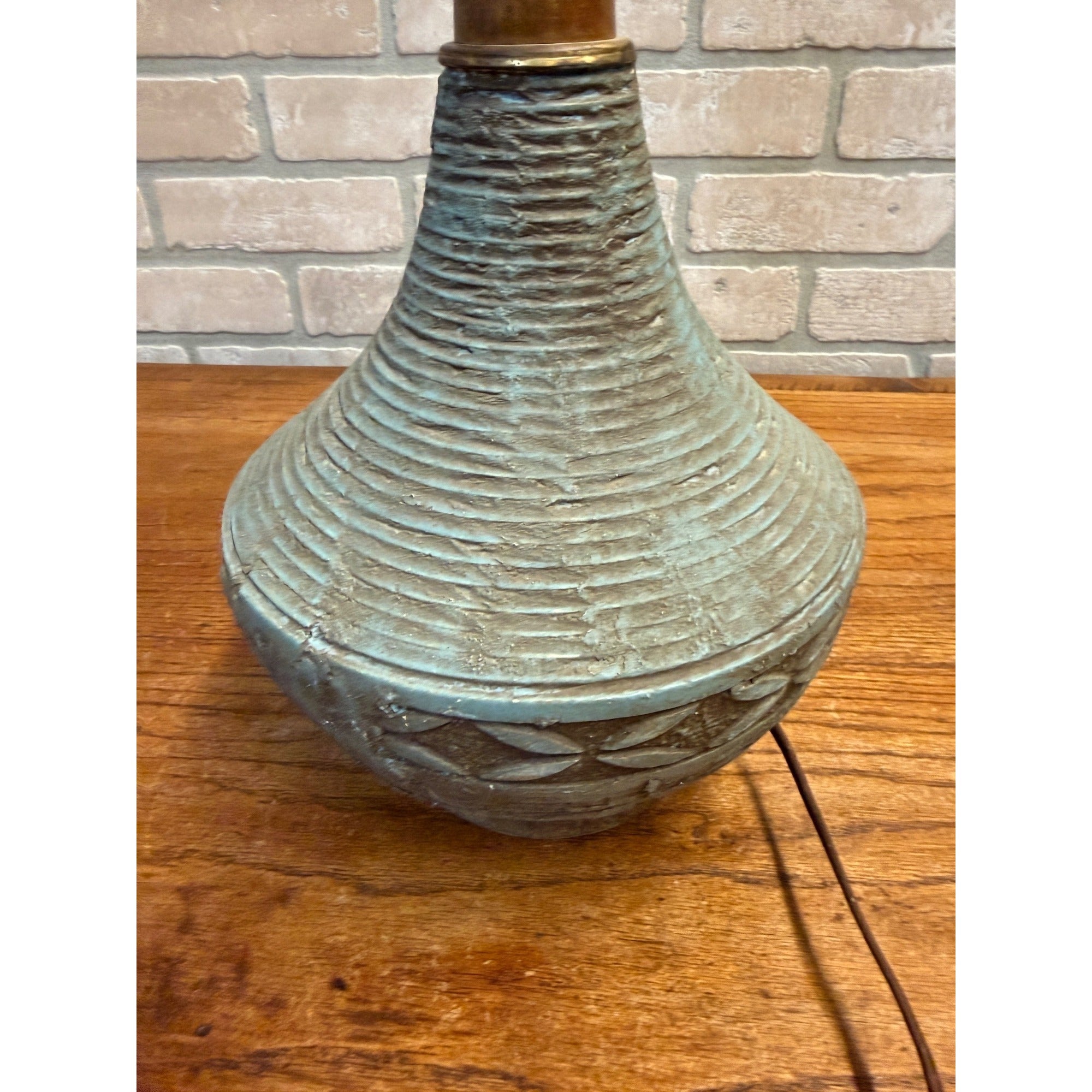 Vintage MCM Ceramic Pottery Table Lamp Blue Green Teak Wood Brutalist Retro 25"