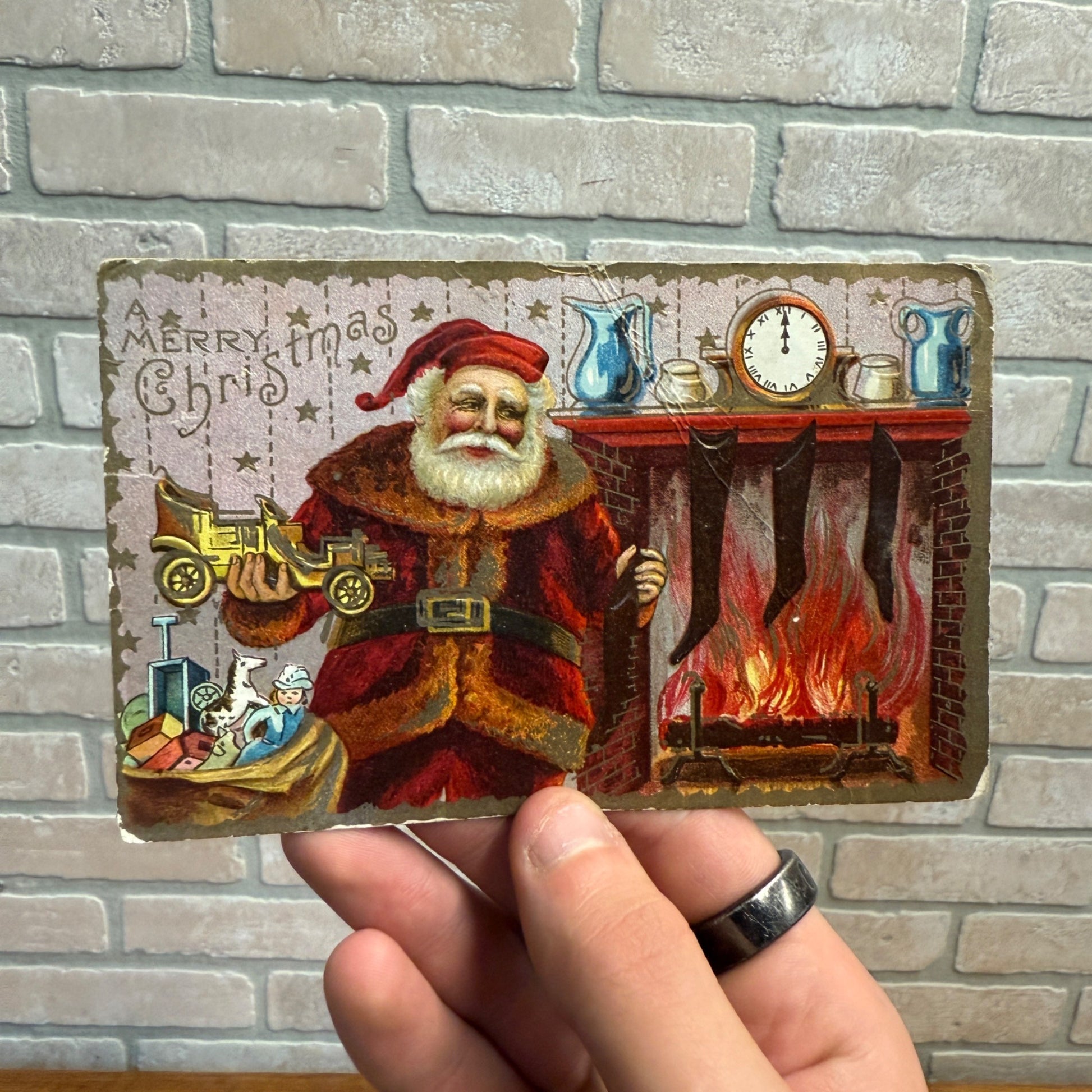 Vintage 1911 Victorian Santa Orante Postcard Fireplace Christmas