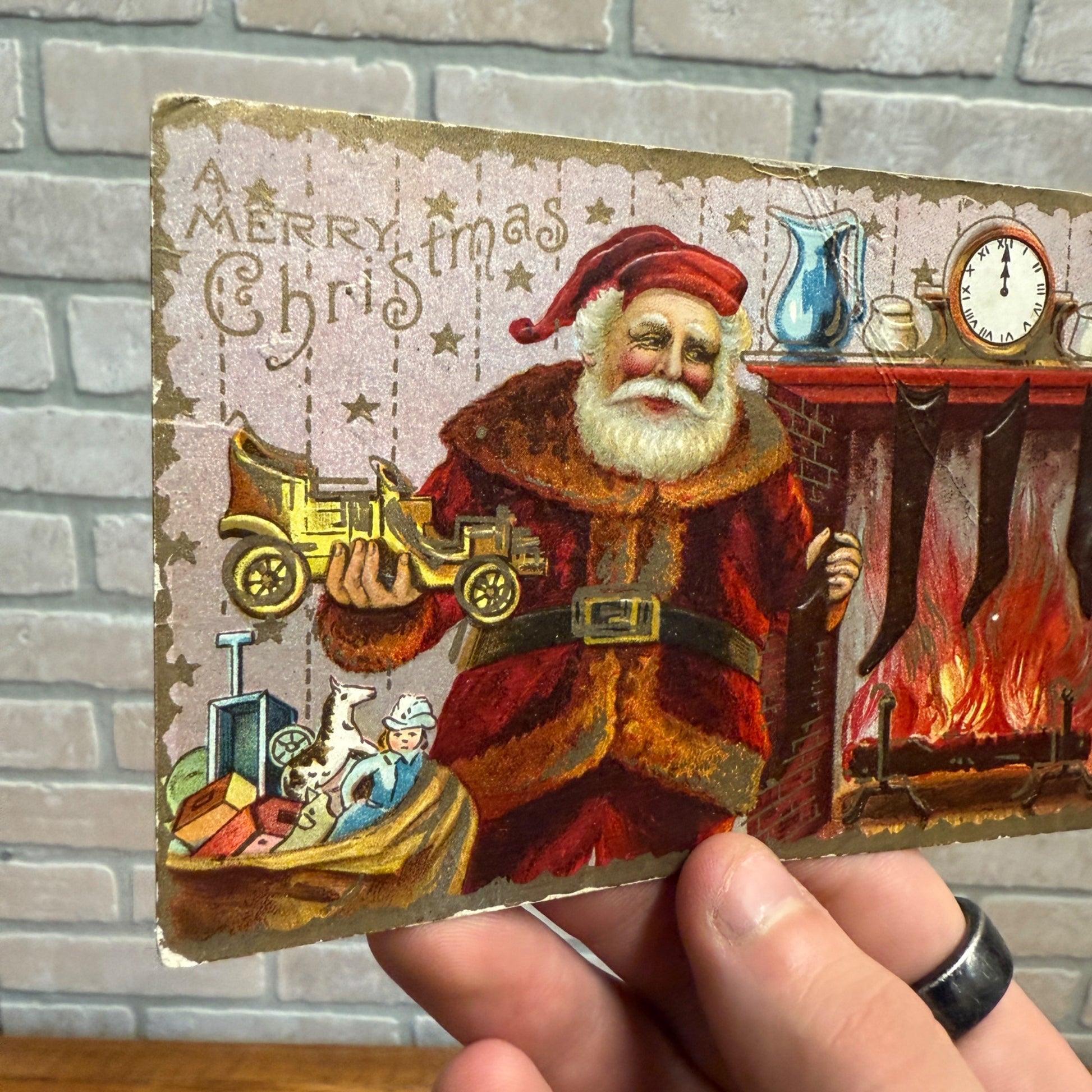Vintage 1911 Victorian Santa Orante Postcard Fireplace Christmas