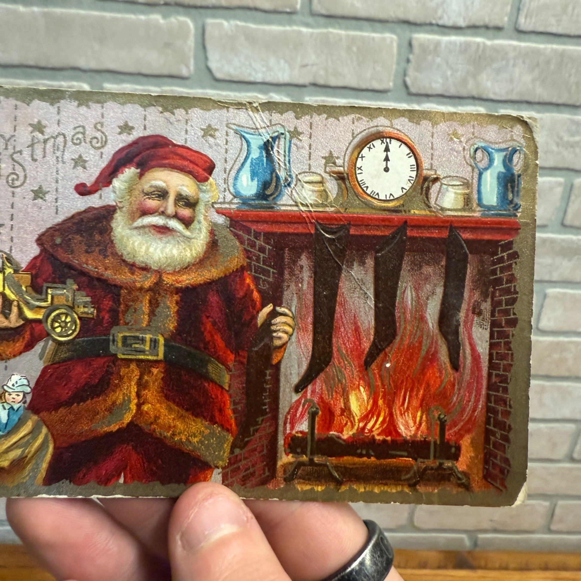 Vintage 1911 Victorian Santa Orante Postcard Fireplace Christmas