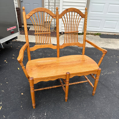 Vintage Oak Wooden Double Wheat Back 36" Bench