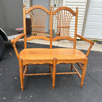 Vintage Oak Wooden Double Wheat Back 36" Bench