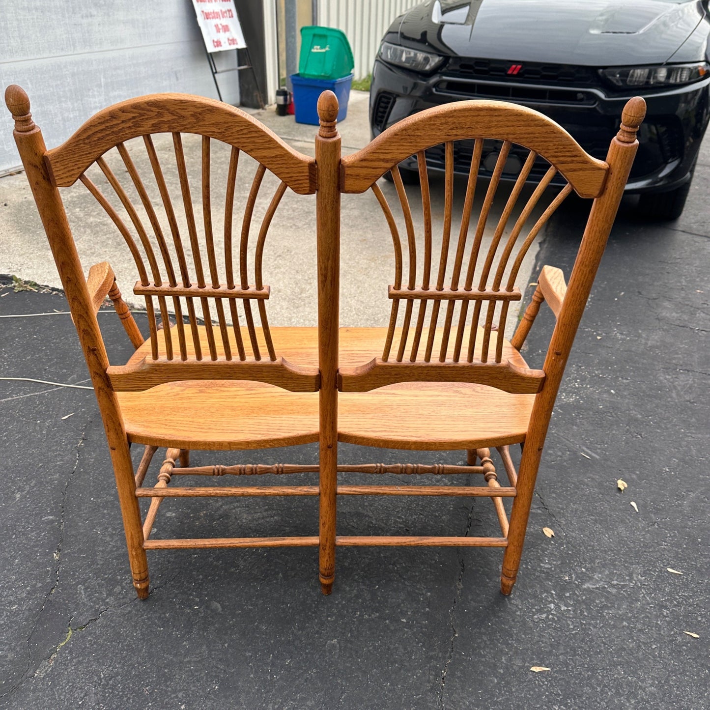 Vintage Oak Wooden Double Wheat Back 36" Bench