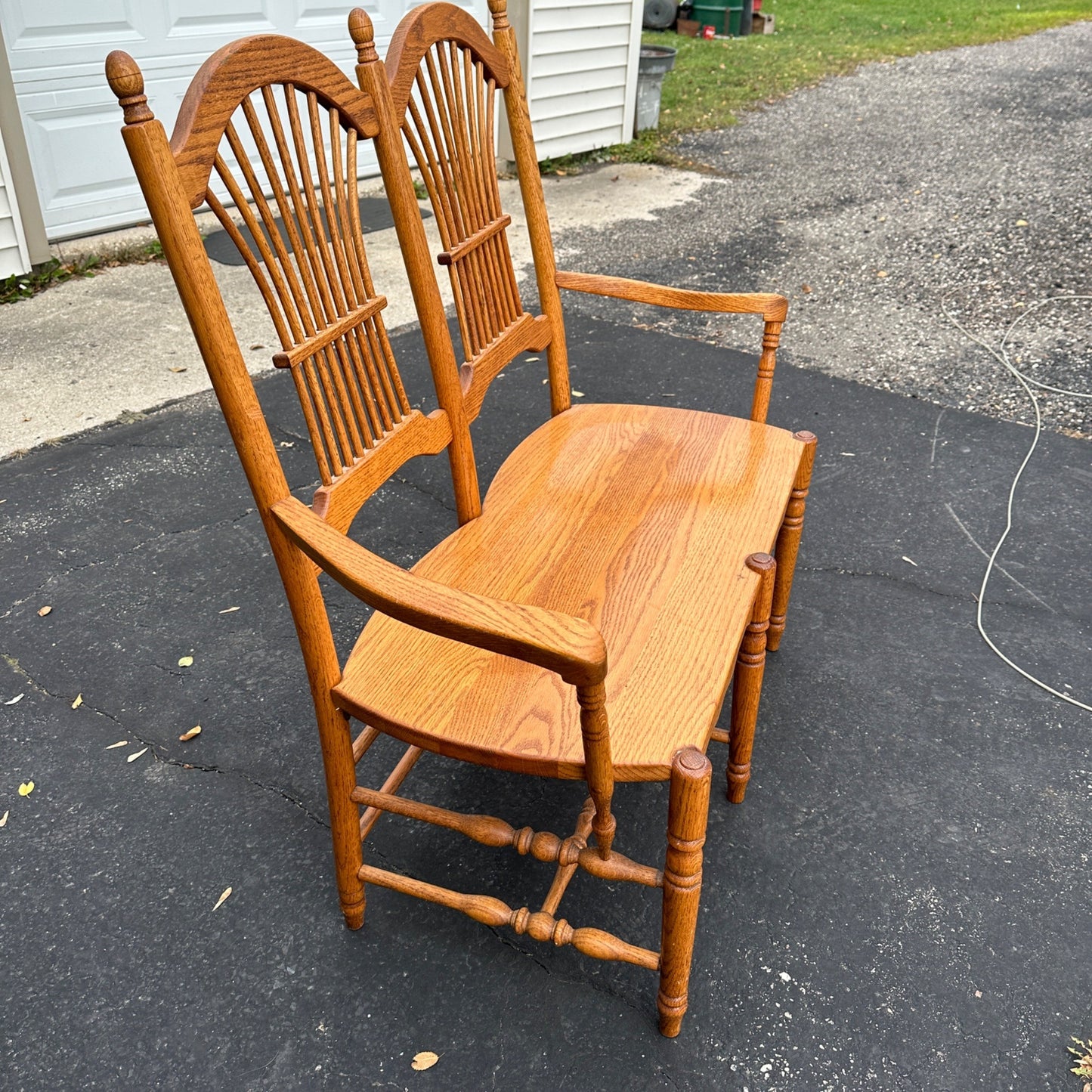 Vintage Oak Wooden Double Wheat Back 36" Bench