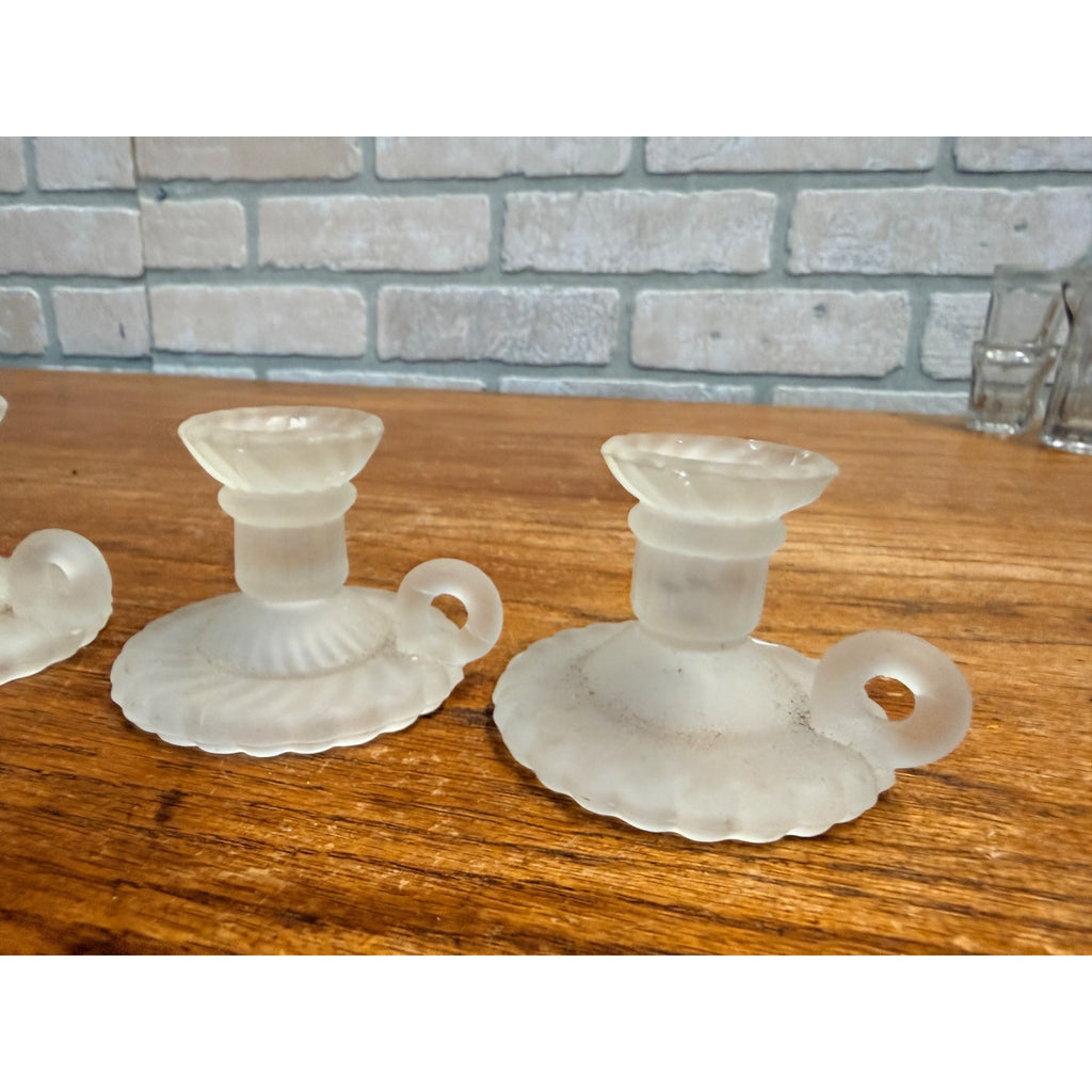 Vintage Set of 3 Miniature Frosted Glass Swirl Candle Stick Holder Chambersticks Lenox Taiwan