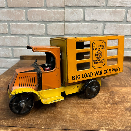 Louis Marx Big Load Van Company Tin Wind Up Toy Truck Orange