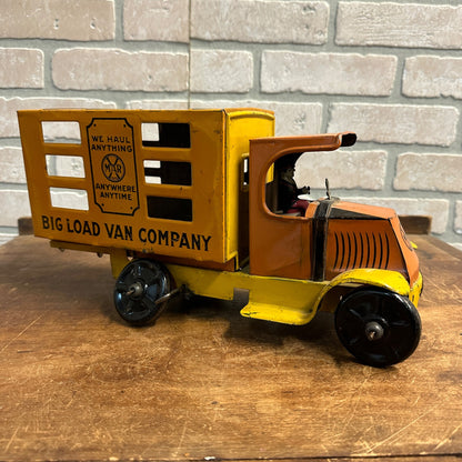 Louis Marx Big Load Van Company Tin Wind Up Toy Truck Orange