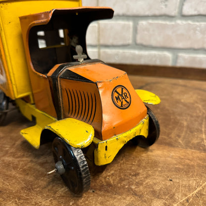 Louis Marx Big Load Van Company Tin Wind Up Toy Truck Orange