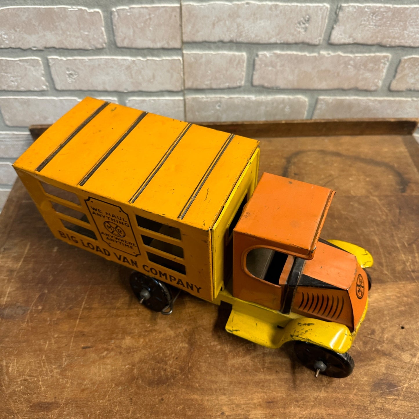 Louis Marx Big Load Van Company Tin Wind Up Toy Truck Orange