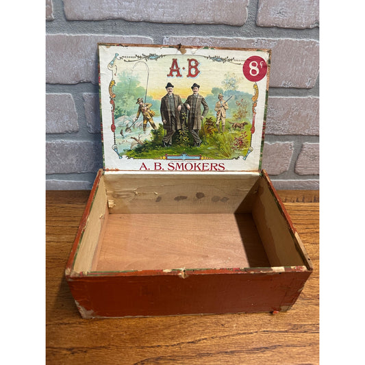 Vintage Anderson Bros Wooden Cigar Box Hunting/Fishing Scene Menominee WI