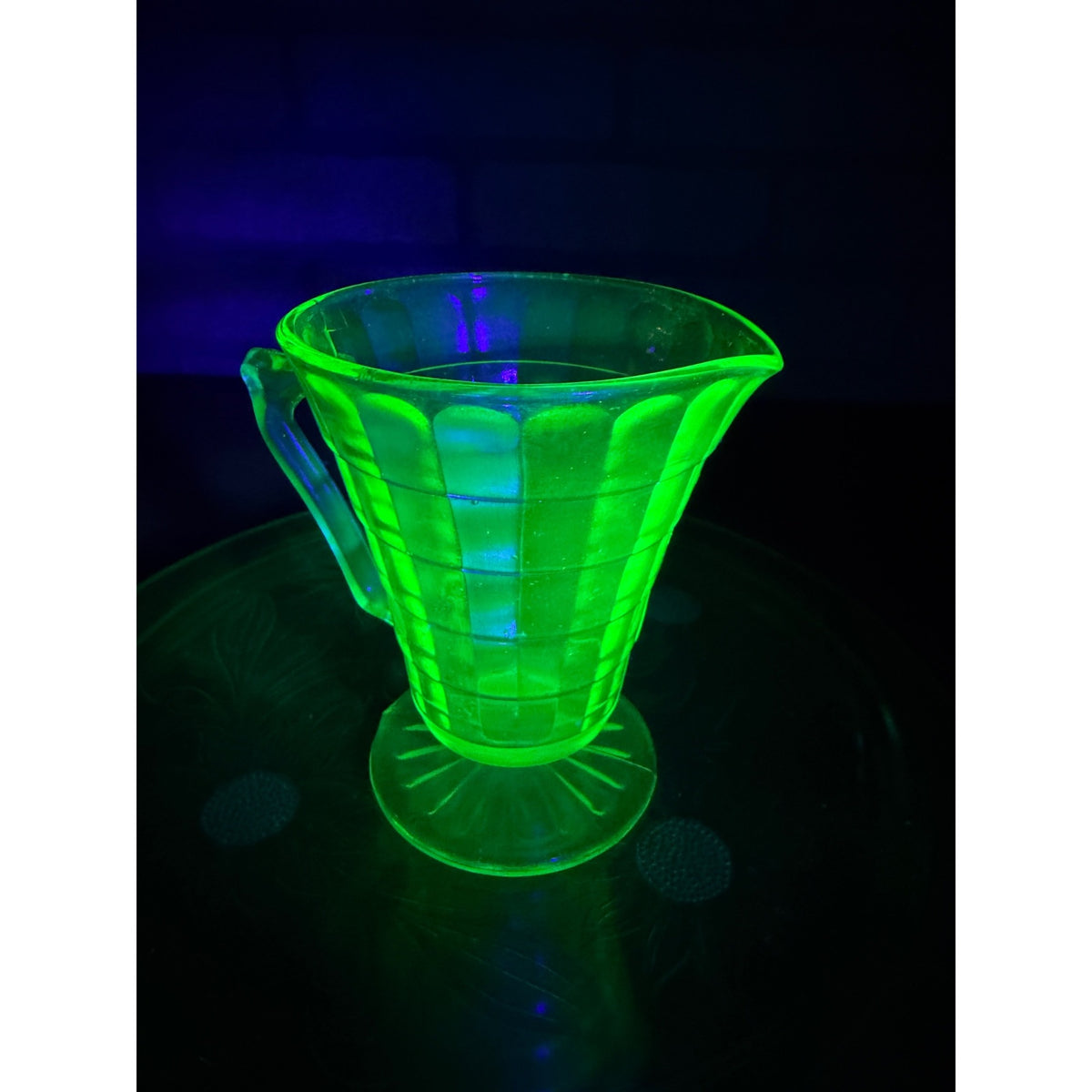 Vintage Anchor Hocking Block Optic Pitcher Cramer Green Uranium Glass Depression