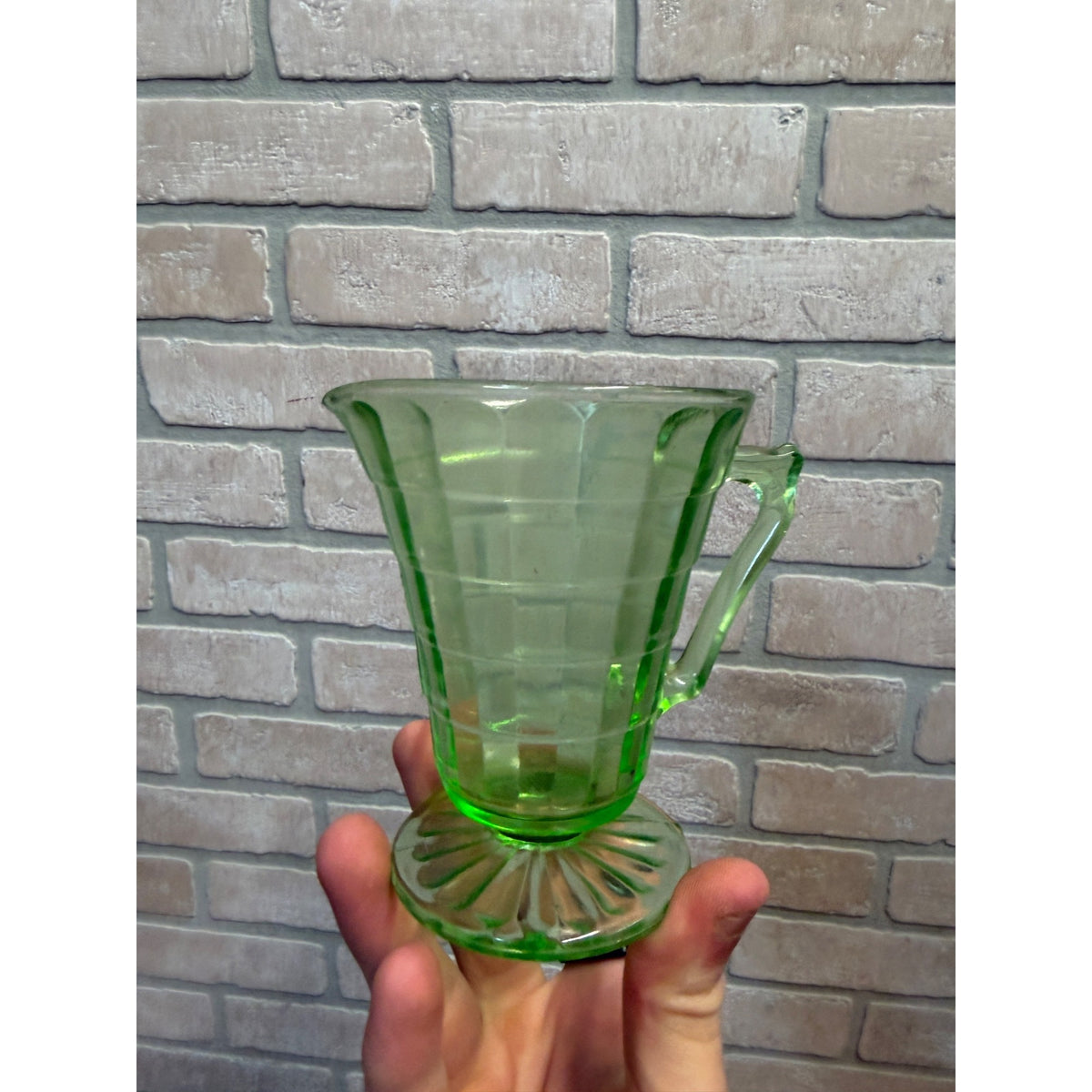 Vintage Anchor Hocking Block Optic Pitcher Cramer Green Uranium Glass Depression