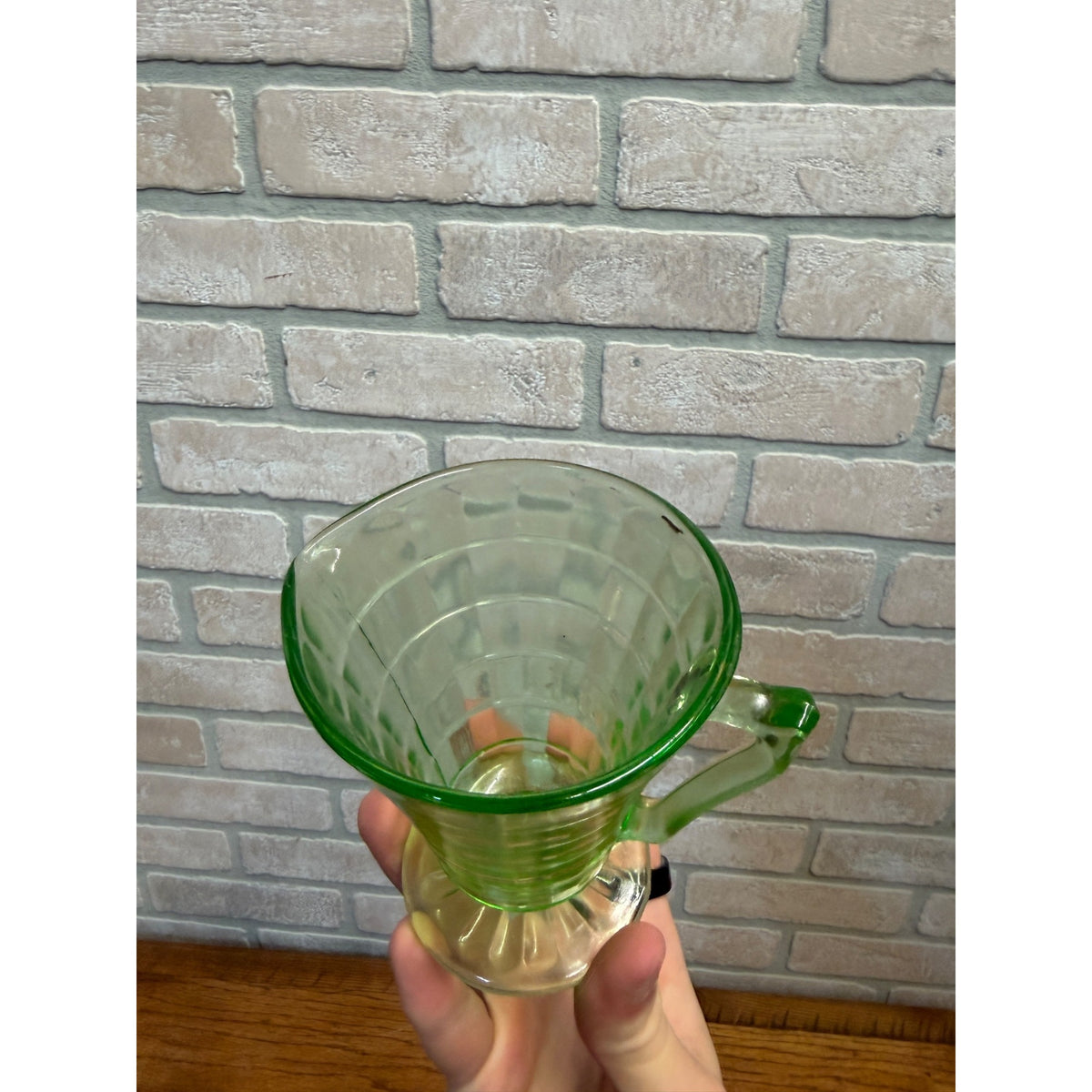 Vintage Anchor Hocking Block Optic Pitcher Cramer Green Uranium Glass Depression