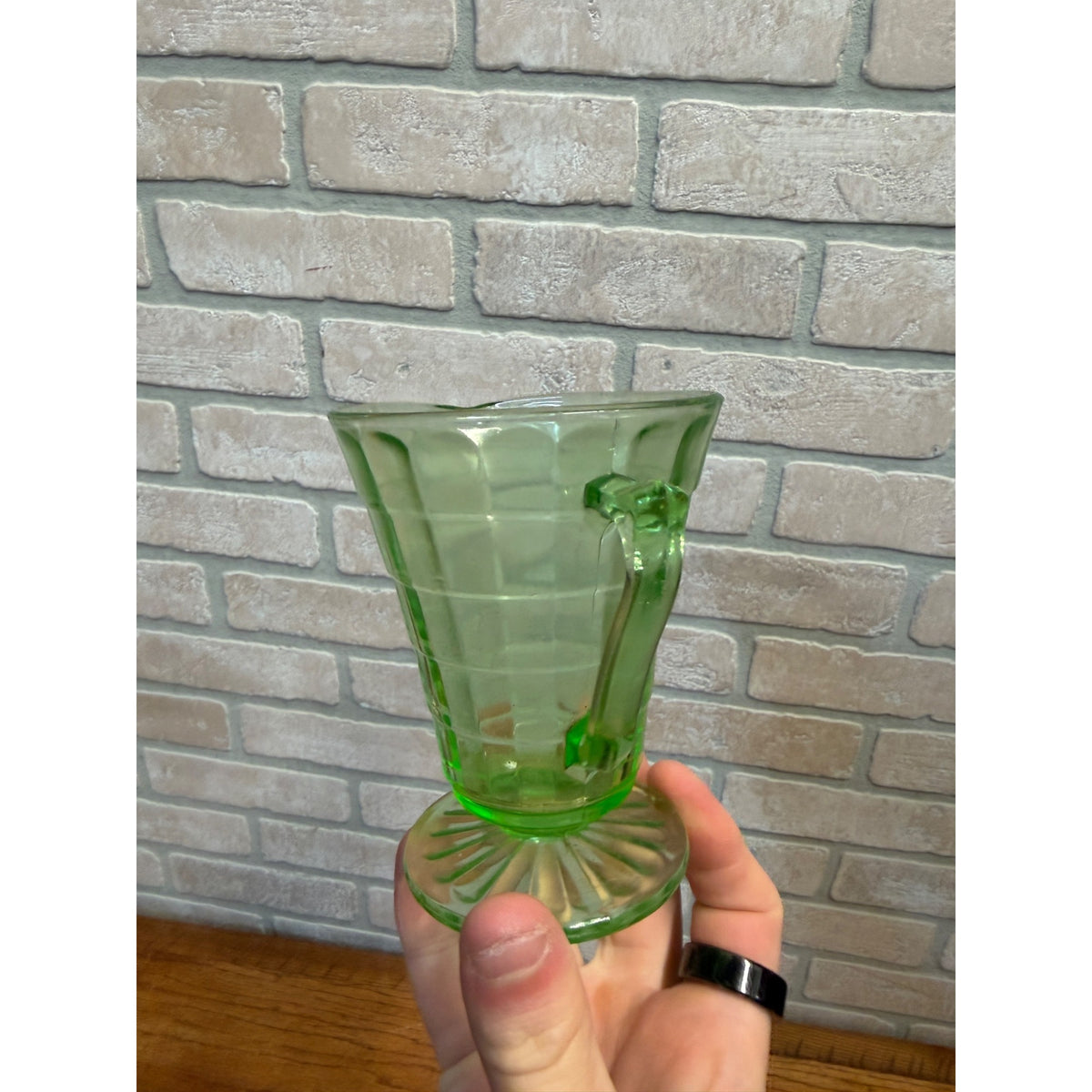 Vintage Anchor Hocking Block Optic Pitcher Cramer Green Uranium Glass Depression