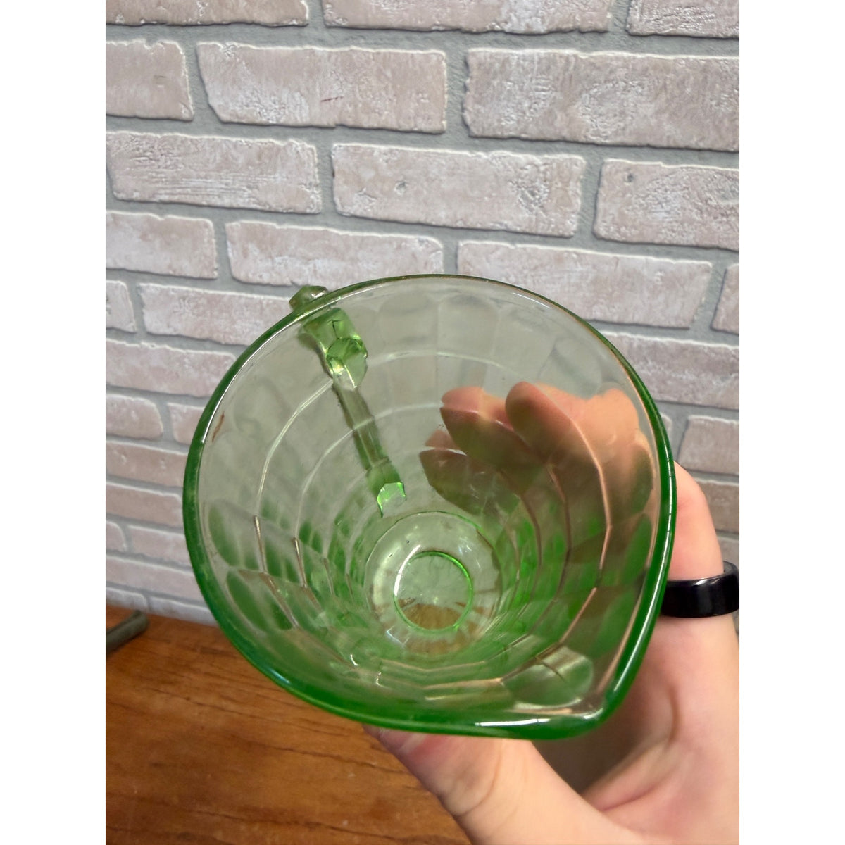 Vintage Anchor Hocking Block Optic Pitcher Cramer Green Uranium Glass Depression