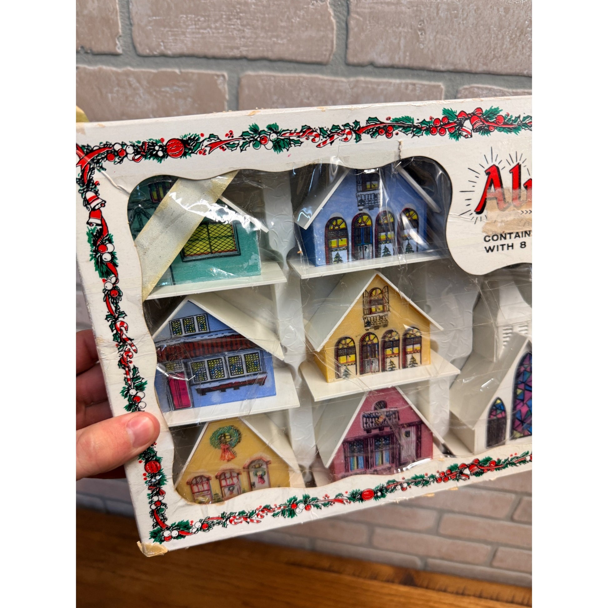 Vintage Sears Christmas Alpine Village 9 Piece Set with Box & Lights - Works