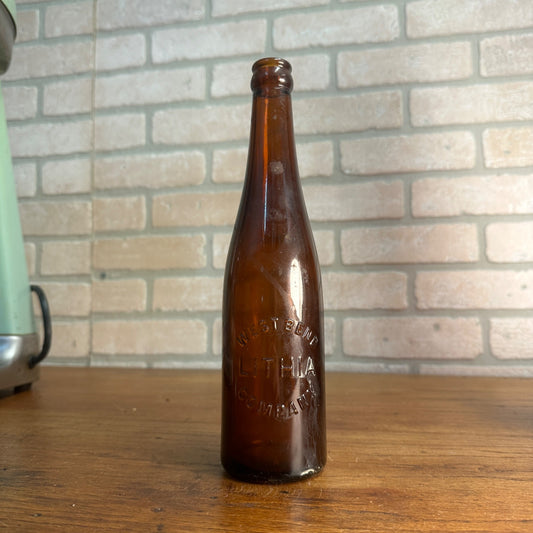 Vintage West Bend Lithia Brewing Co. Beer Bottle Amber Brown Embossed Wisconsin