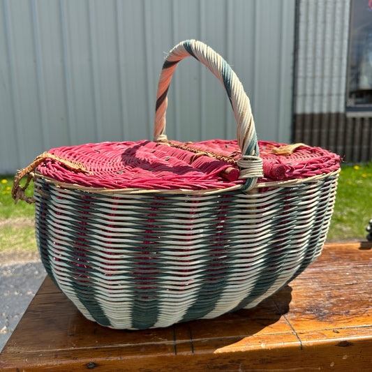 VIntage Folk Art Watermelon Wicker Picnic Basket Rounded