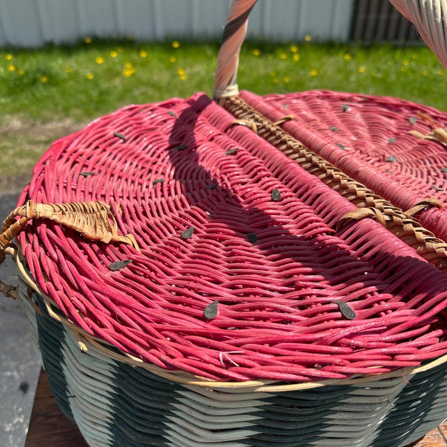 VIntage Folk Art Watermelon Wicker Picnic Basket Rounded